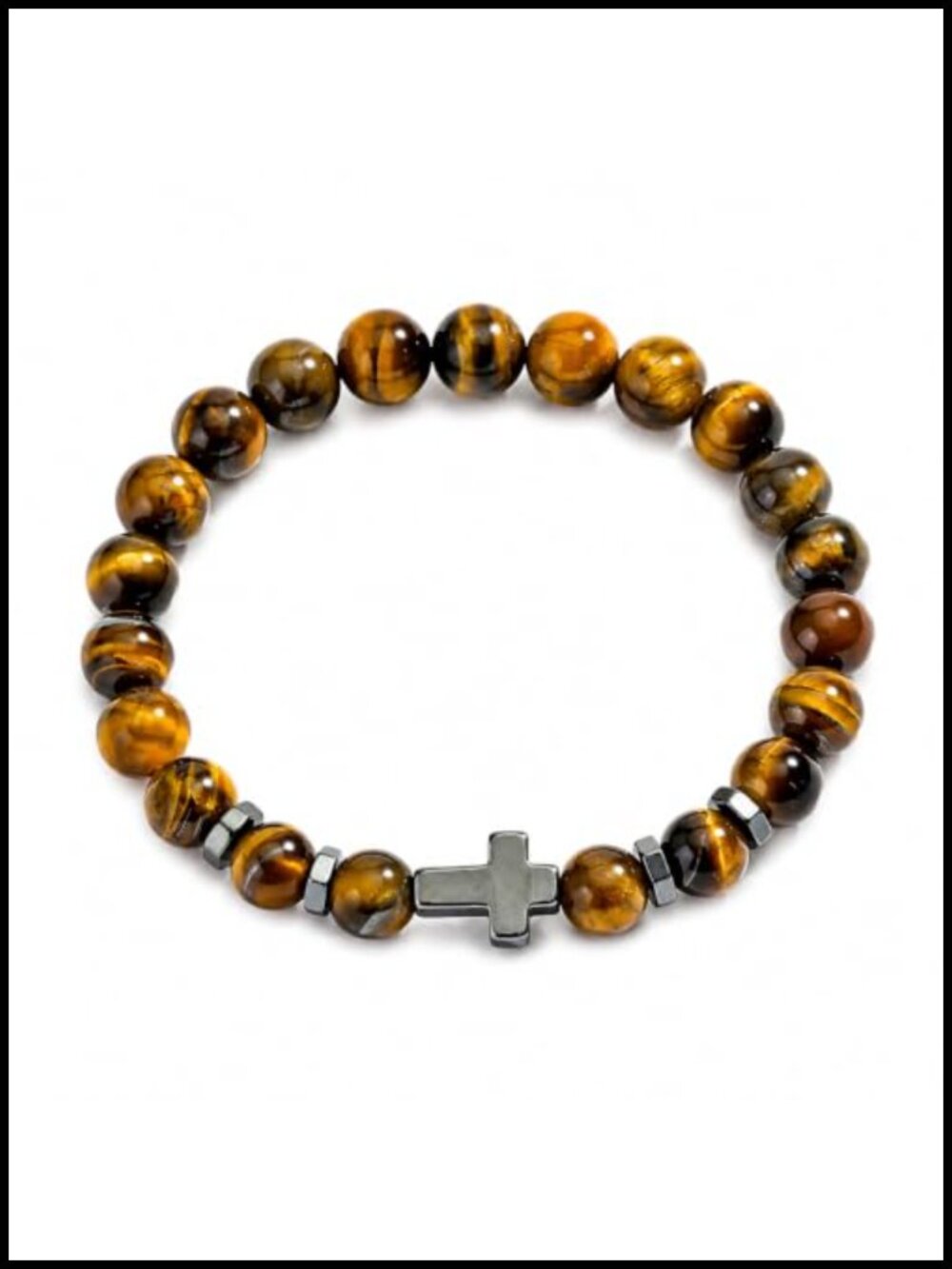 Tiger Eye Beaded Cross Stretch Bracelet Healing Anxiety Catholic Rosary Men